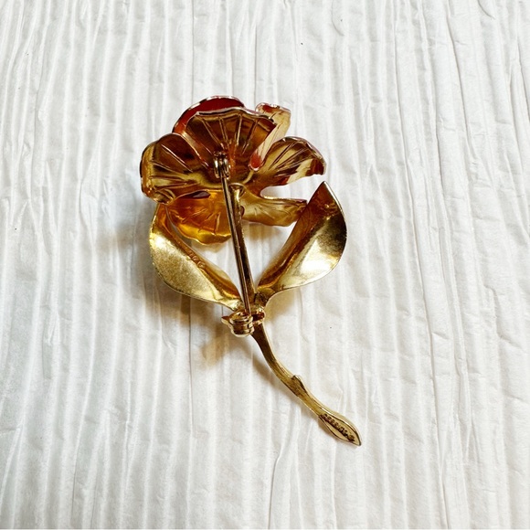 💌 Vintage Signed Cerrito Gold Tone Red Rose Brooch - Picture 4 of 4
